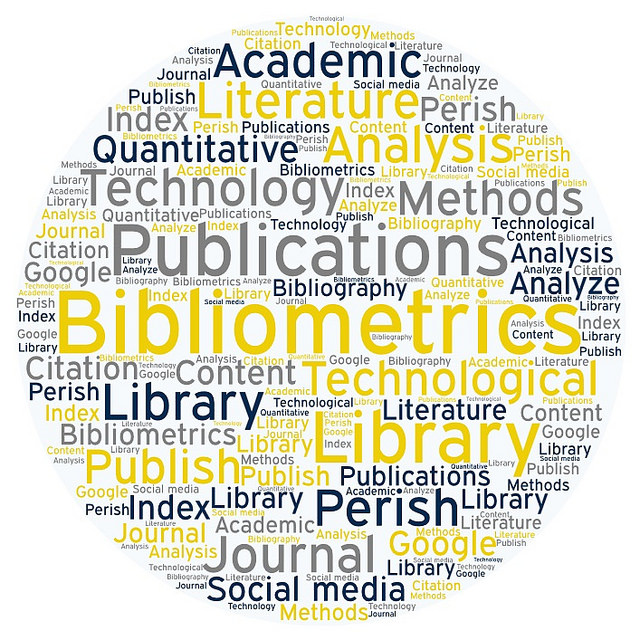 a word bubble for bibliometrics that includes words like technology, publications, library, perish, journal